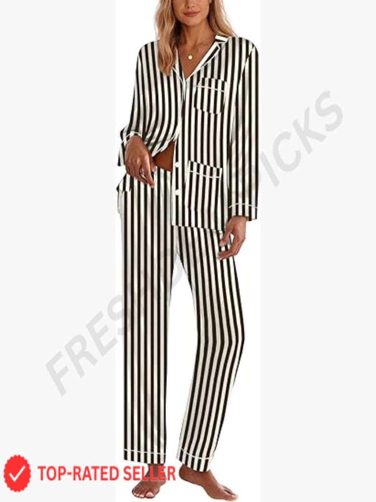 Satin Pajama Set Button Down Long Sleeve Lounge Set Sleepwear Classic Pjs Gift